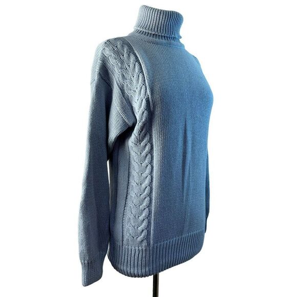Eddie Bauer Blue Cotton Cable Knit Turtleneck Sweater Sz M Pullover Rib Borders - Picture 3 of 5